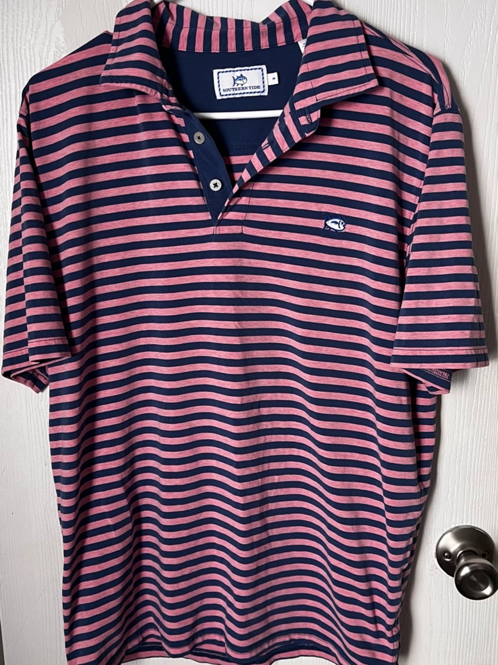 Southern Tide Men's Pink & Navy Striped Polo Shirt Size Medium